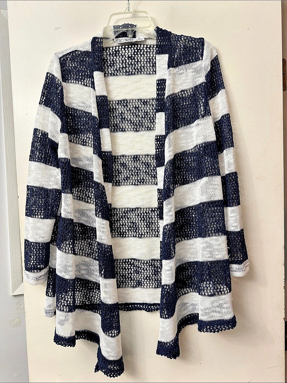 Retro Threads Striped Open Knit Cardigan in Blue & White Size Medium